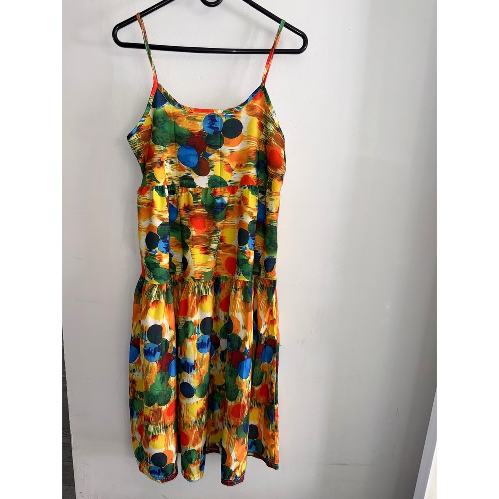 Womens Abstract Polka Dot Tiered Midi Dress Multi Color Spaghetti Strap Summer M